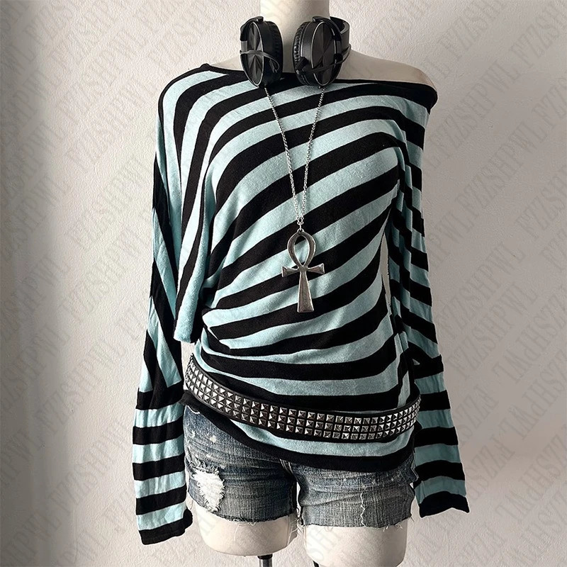 Y2K streetwear fashion Harajuku Women autumn and winter long sleeve 2000s casual vintage striped sexy Punk hip hop tops emo girl 250814
