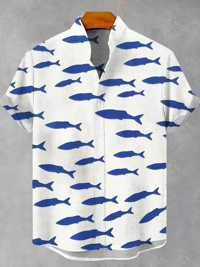 2025 mens retro style fish pattern print casual linen comfortable fabric short sleeved shirt button top 250804