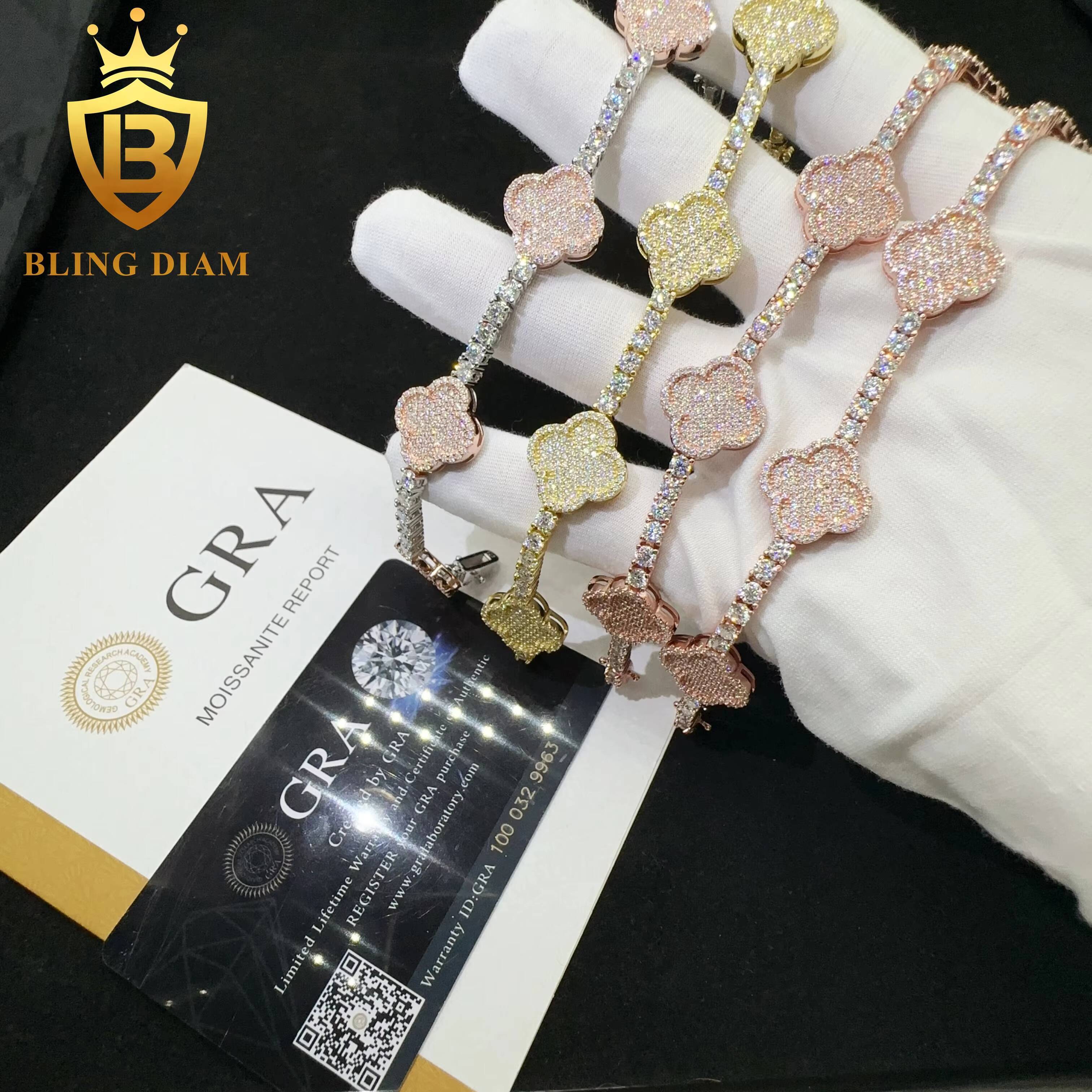 Wholesale Price 925 Sterling Silver Vvs Moissanite Diamond Hip Hop Iced Out Jewelry Clover Leaf Tennis Chain Bracelet