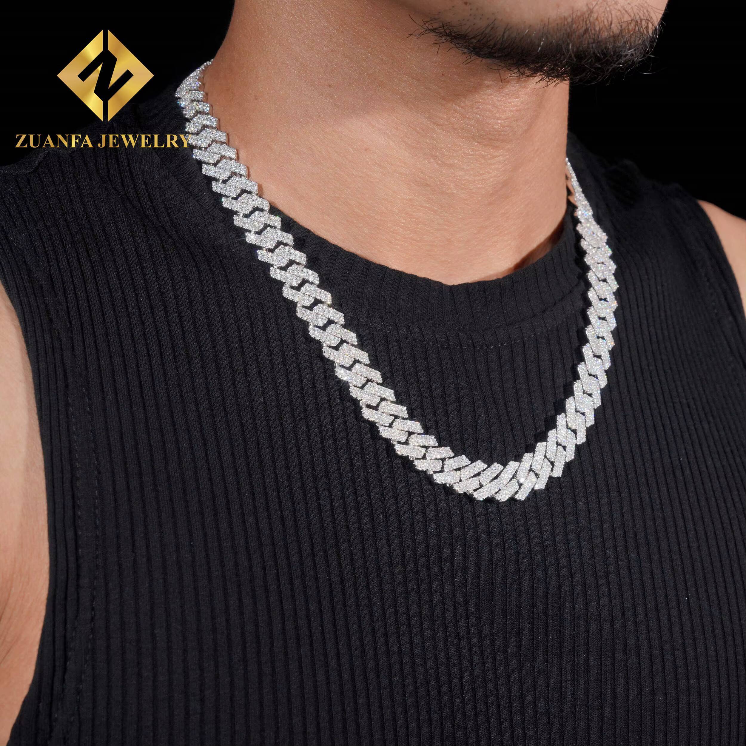 Hot Selling Rapper Hip Hop Necklace 925 Solid Silver 13MM 2Rows VVS Moissanite Maimi Cuban Link Chain Rock Jewelry