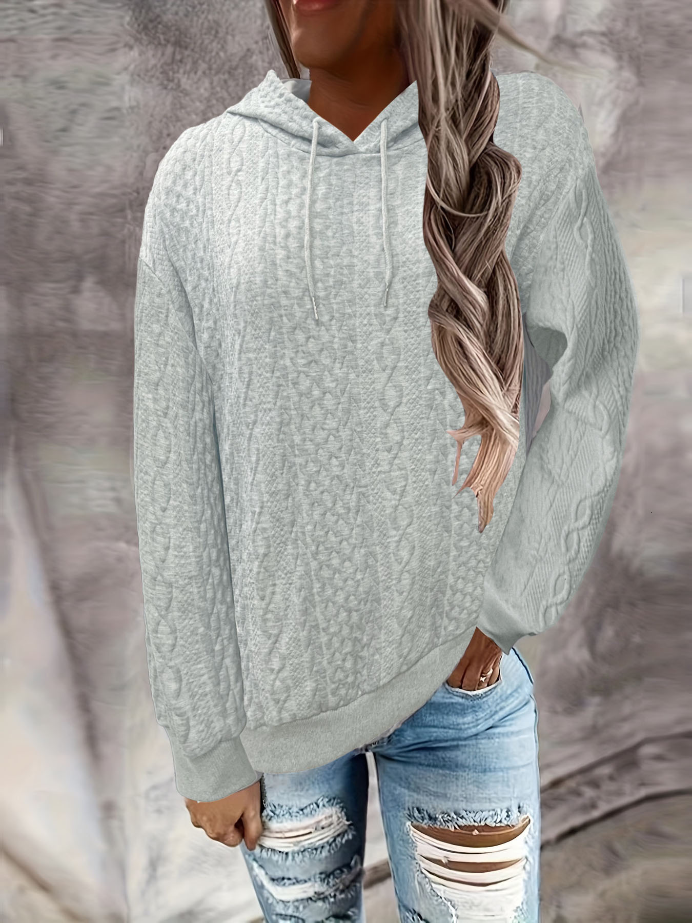 Autumn Winter Plus Size Solid Color Jacquard Pullover Sweatshirt Fashion Casual Long Sleeve Hooded Jacket Women's Clothing