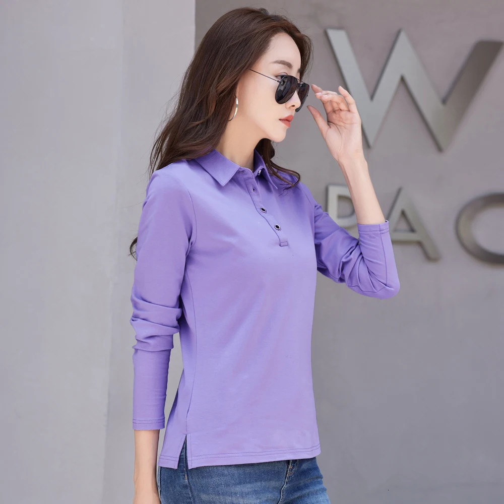 Autumn In Basic T Shirt Long Sleeve Cotton Plus Size Polo Women Button Casual Office Lady Formal Tops 250814