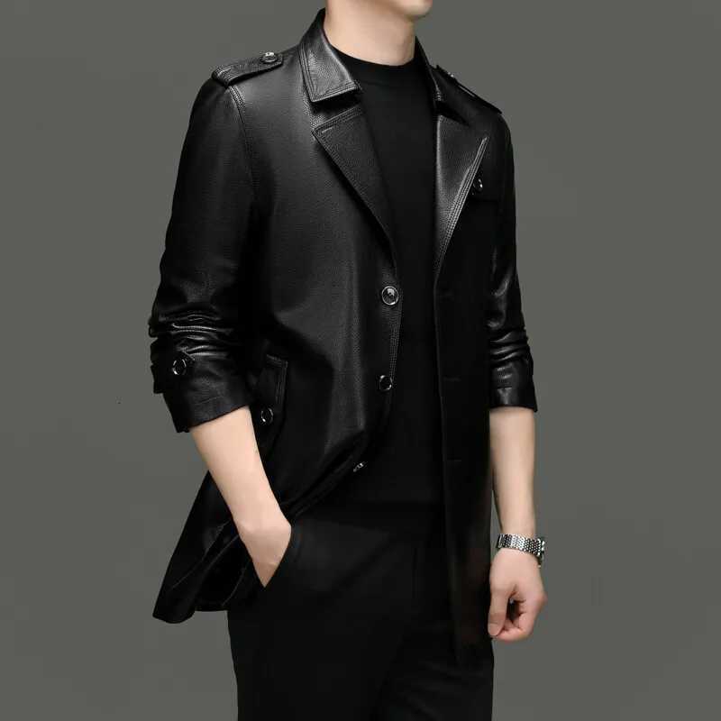 Autumn Leather Trench Coat Men Luxury Party Single Breasted PU Leather Coat Male Trendy Long Motorcycle Windproof Jacket W250815