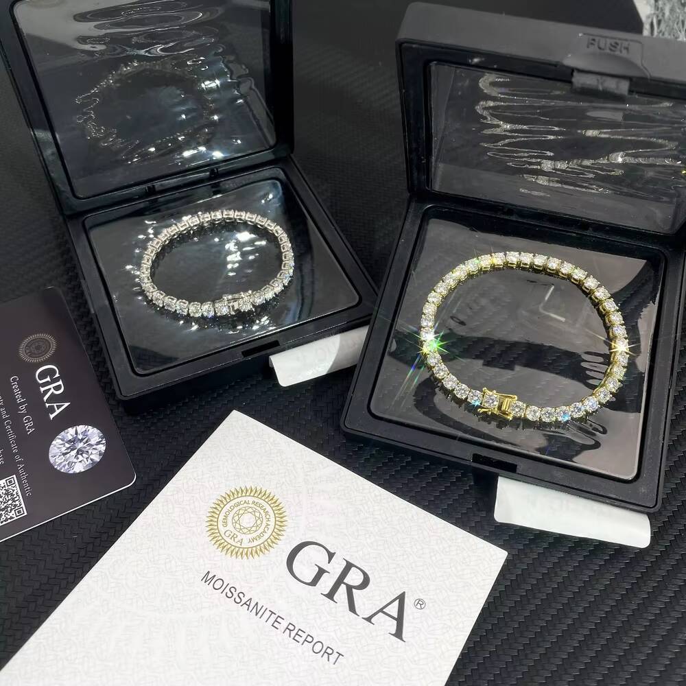 High Quality Ice Chain VVS Moissanite Jewelry 2mm 3mm 4mm 5mm 6mm Yellow Gold Plated Diamond Bracelet Tennis Chain for Gift