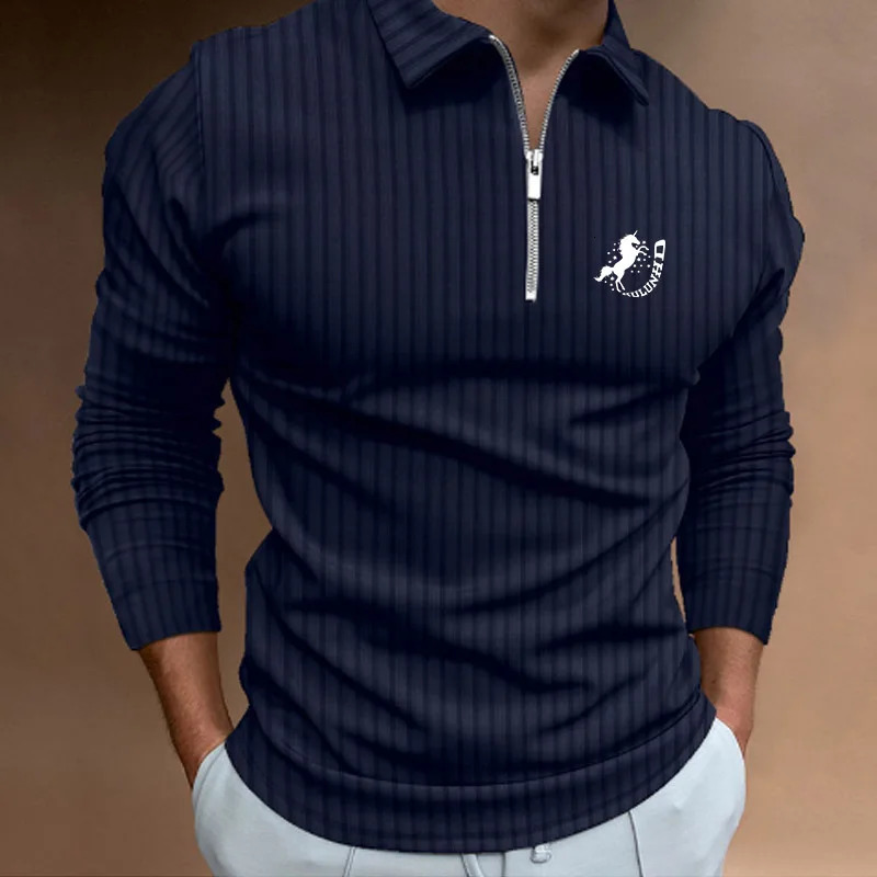 Trending Men Long Sleeve Casual Print Stripe Zipper Polo Shirt Golf 250814