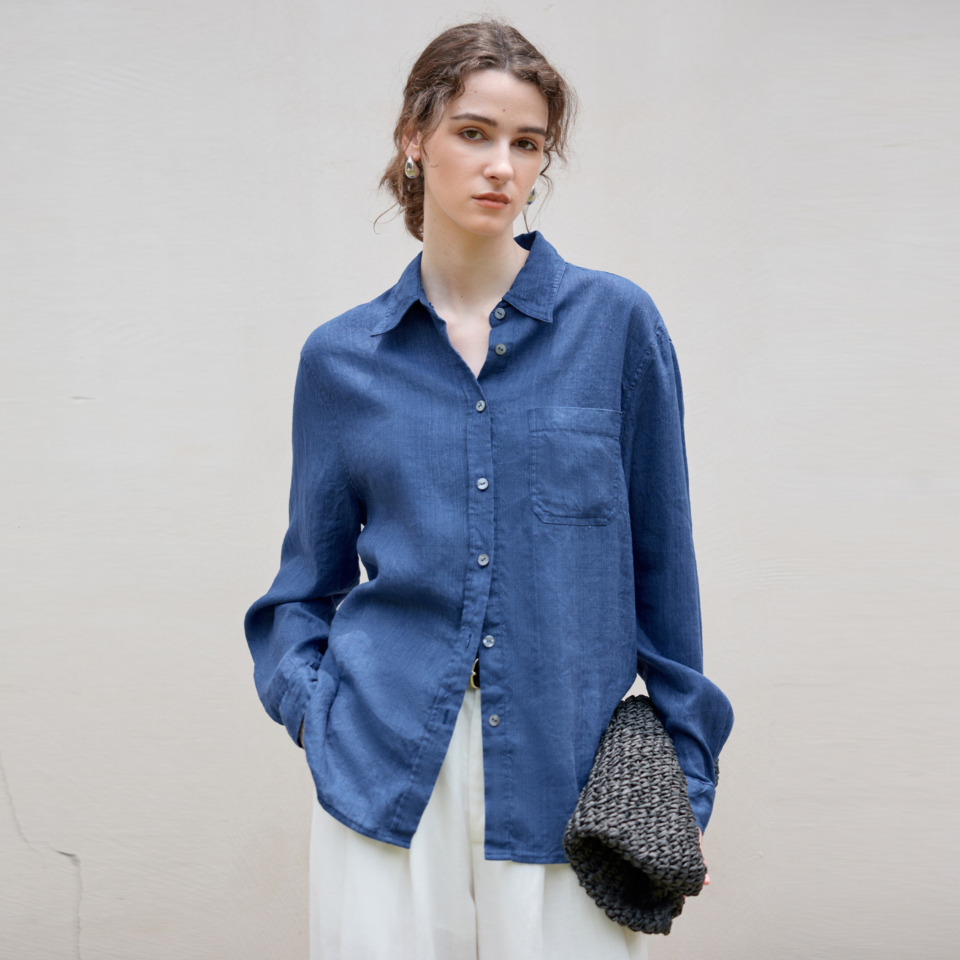 High-End Long-Sleeve for Women Minimalist Loose Single-Breasted Shirt Autumn Winter New Tencel Linen Solid Color Top