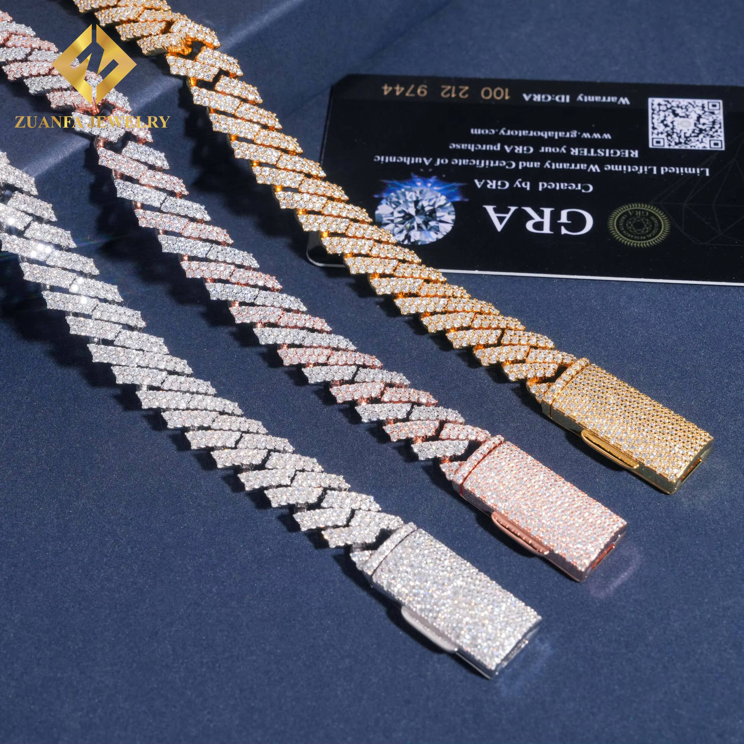 Pass Diamond Tester Moissanite 12mm Cuban Link Chain Mens Jewelry 925 Silver Gold Plated Hot Sale 2 Rows Moissanite Necklace