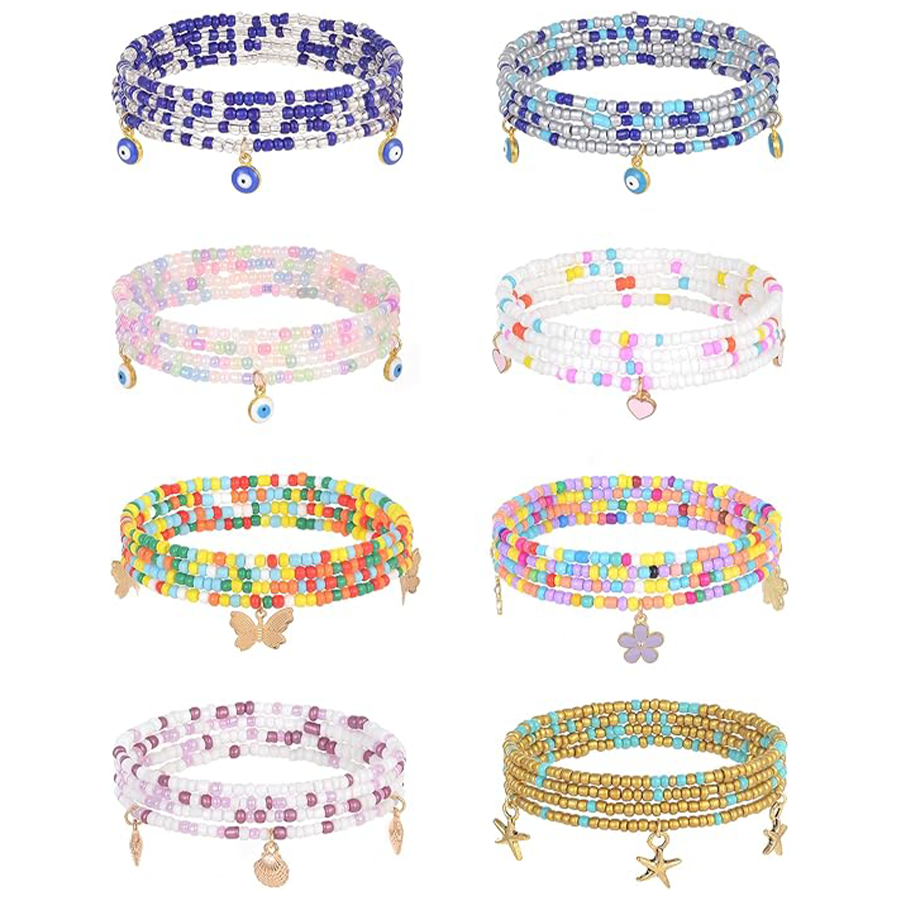 8Pcs 31.5 Inches African Waist Bead Chain Elastic Belly Beads Butterfly Shell Eye Layered Body Chain Colorful Jewelry