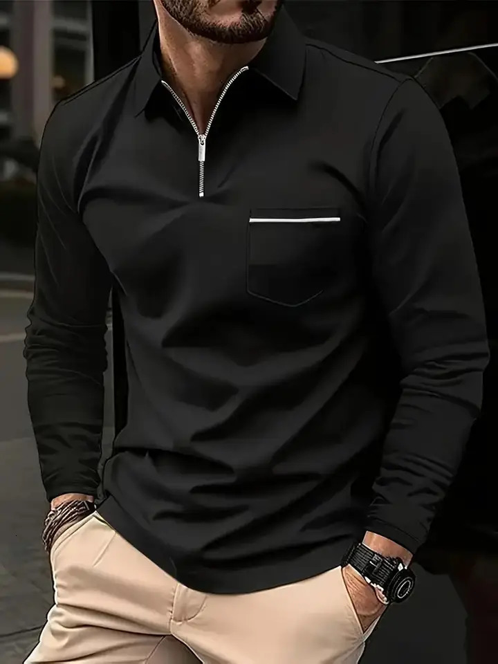 Spring Autumn Solid Color Long Sleeve Polo Shirt Zipper Pocket Lapel Mens Casual Sports Top Men 250814