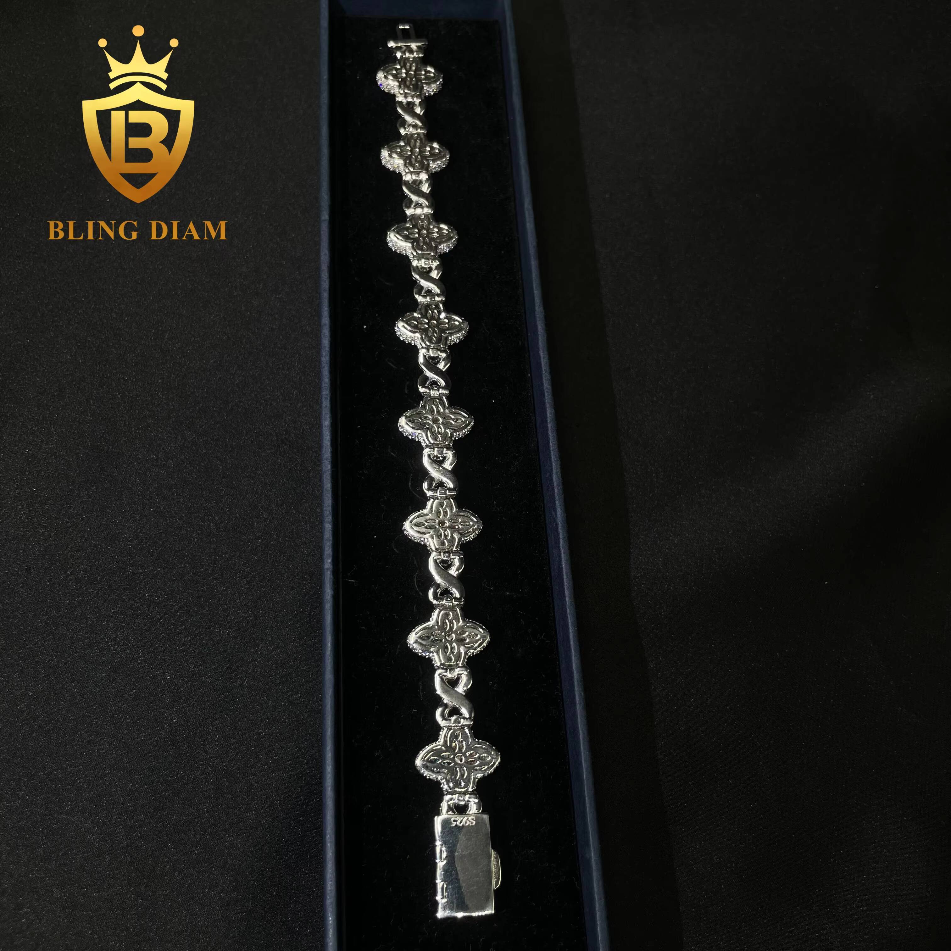 New Style Rapper Jewelry Marquise Flower 15mm Hip Hop Bracelet Moissanite Diamond Cuban Link Bracelet 925 Silver Men Bracelet