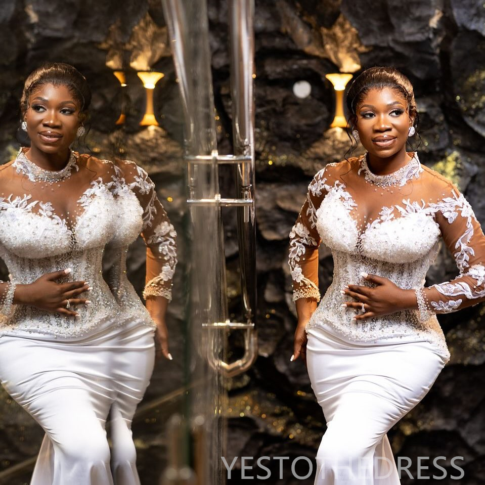 2025 Off White African Wedding Dress Bridal Gowns For Bride High Neck Long Sleeves Appliqued Lace Beaded Pearls Illusion Wedding Gowns For Black Women