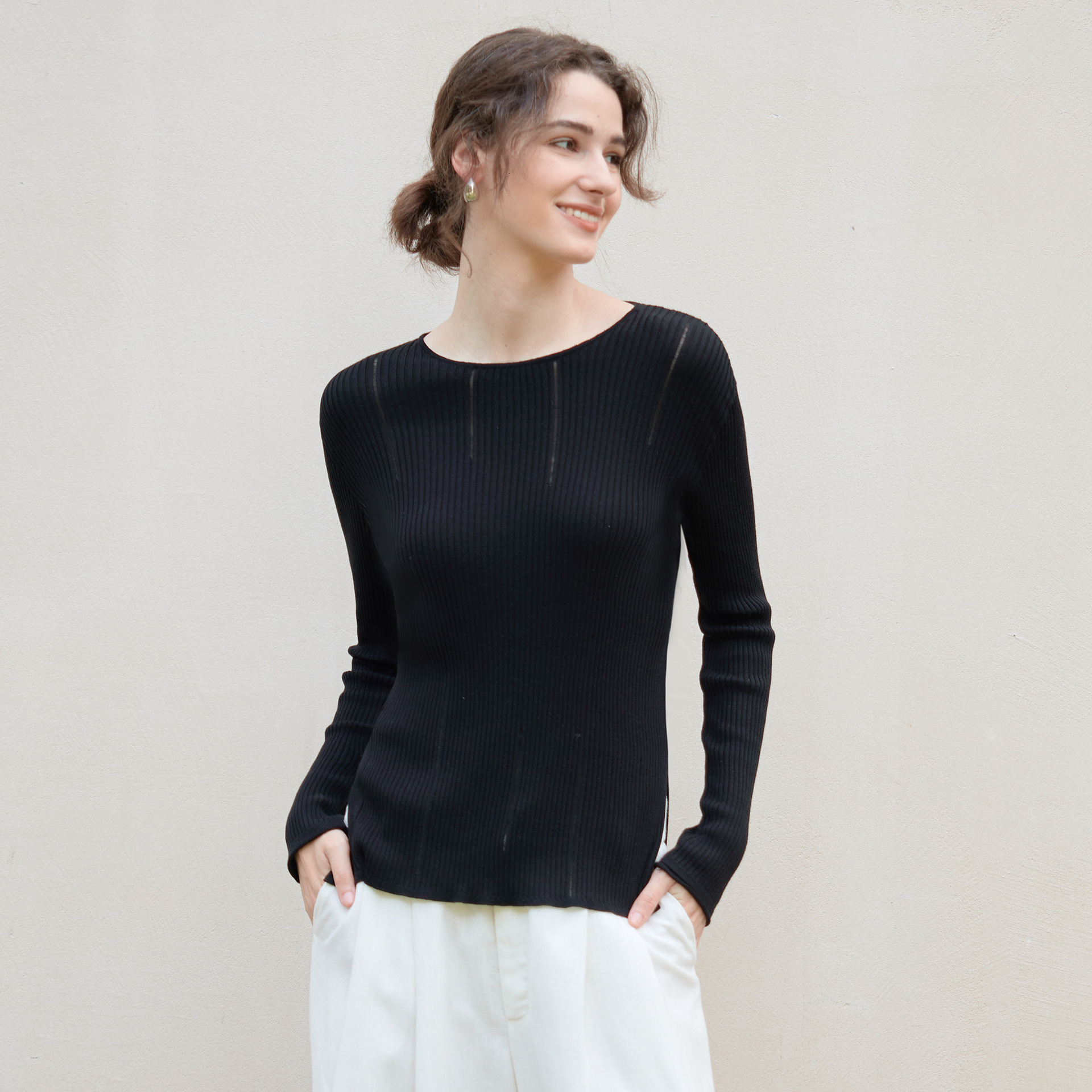 Tencel Wool Warm Long Sleeve Base Shirt Hollow Side Slit Design Knitted Sweater for Women Autumn Winter New Inner Wear