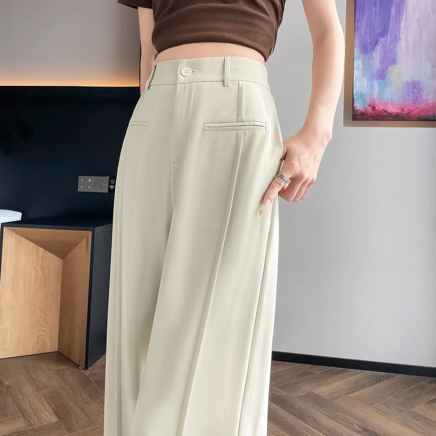 Seoulish 2025 High Waist Suit Wide Leg Womens Full Length Pants Summer Elegant Minimalism Straight Loose Trousers Female 250808