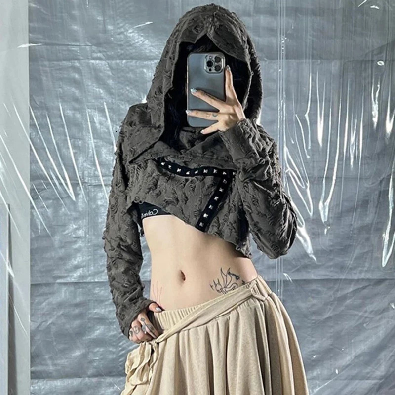 Post Apocalyptic Distressed Ripped Hoodie American Long Sleeve Jazz Sexy Cropped Top Harajuku Y2K Subculture Street Sweatshirt 250814