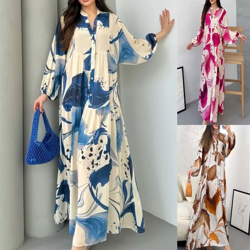 2025 New Printed Loose Casual Sleeve Elegant V-Neck Long Dress for Women