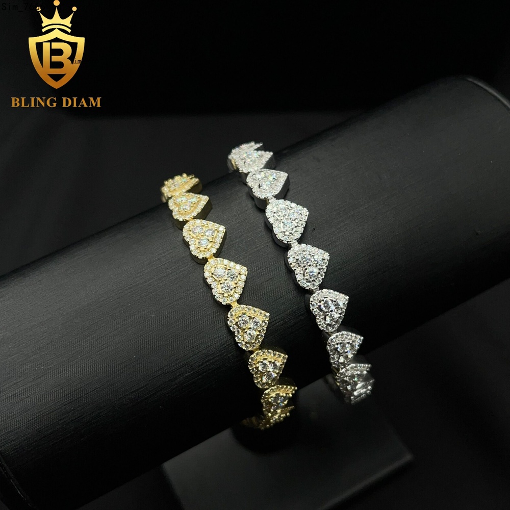 Fashion Jewelry 925 Sterling Silver VVS Moissanite Heart Shape Cuban Tennis Chain 8mm Bracelet