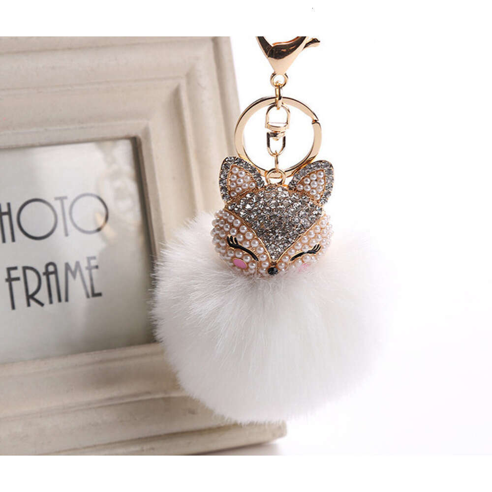 Creative Fox Head Pendant Keychain Extra Large Rabbit Fur Ball Plush Inlaid with Rhinestones for Phone and Bag