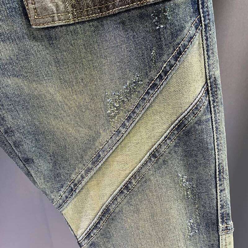 Spring and Autumn 2025 New Trendy Brand Splicing Patch Retro Jeans Men's Slim fit Small Feet Rascal Handsome Denim Pants