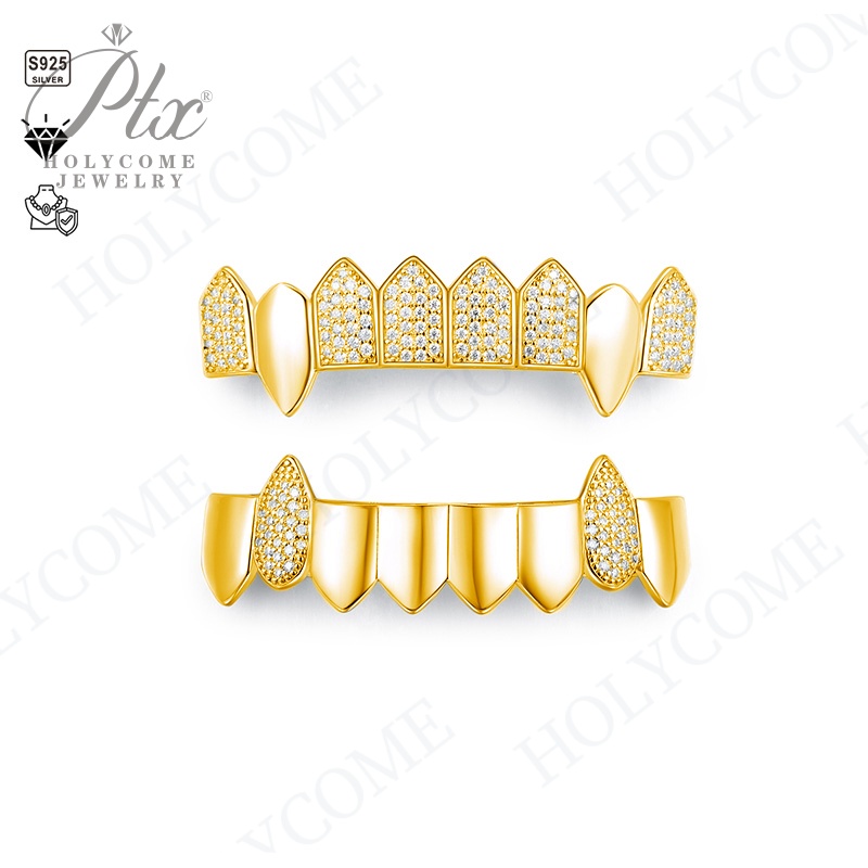 Custom Bling Grillz Hip Hop Full Moissanite Stone Vampire Teeth Grillz Caps Iced Out Micro Pave 8 Top 8 Bottom Charm Grills For Men Women Jewelry