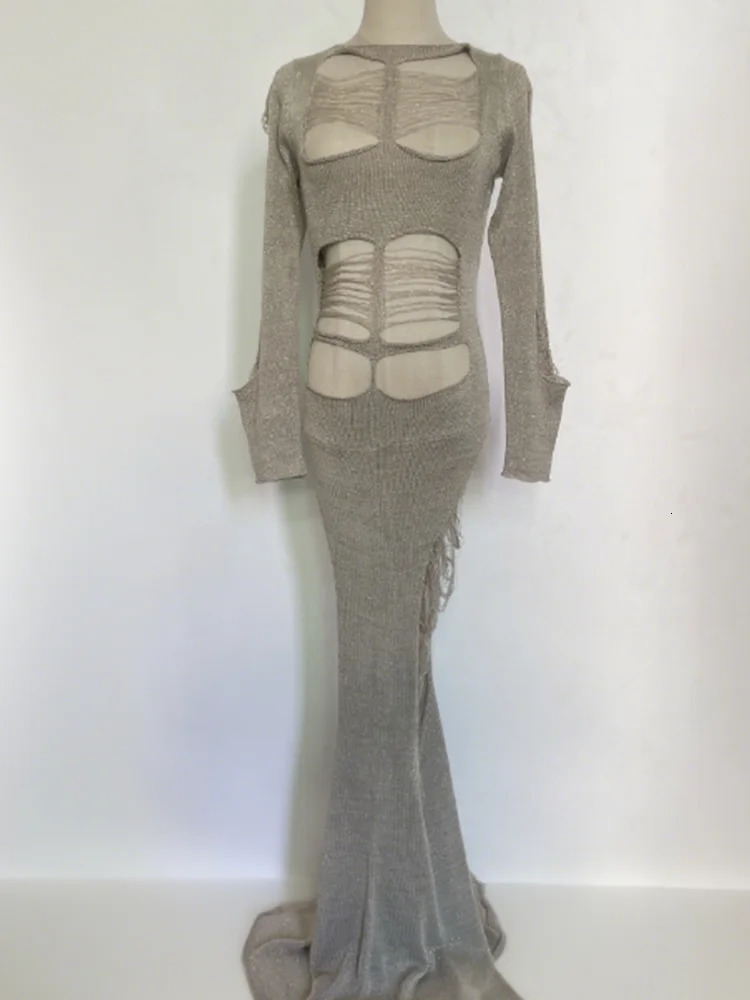 Sexy Hollow Out Evening Party Maxi Dress For Women Long Sleeve Backless Slimming High Waist Robe 2025 Summer Y2k 250808