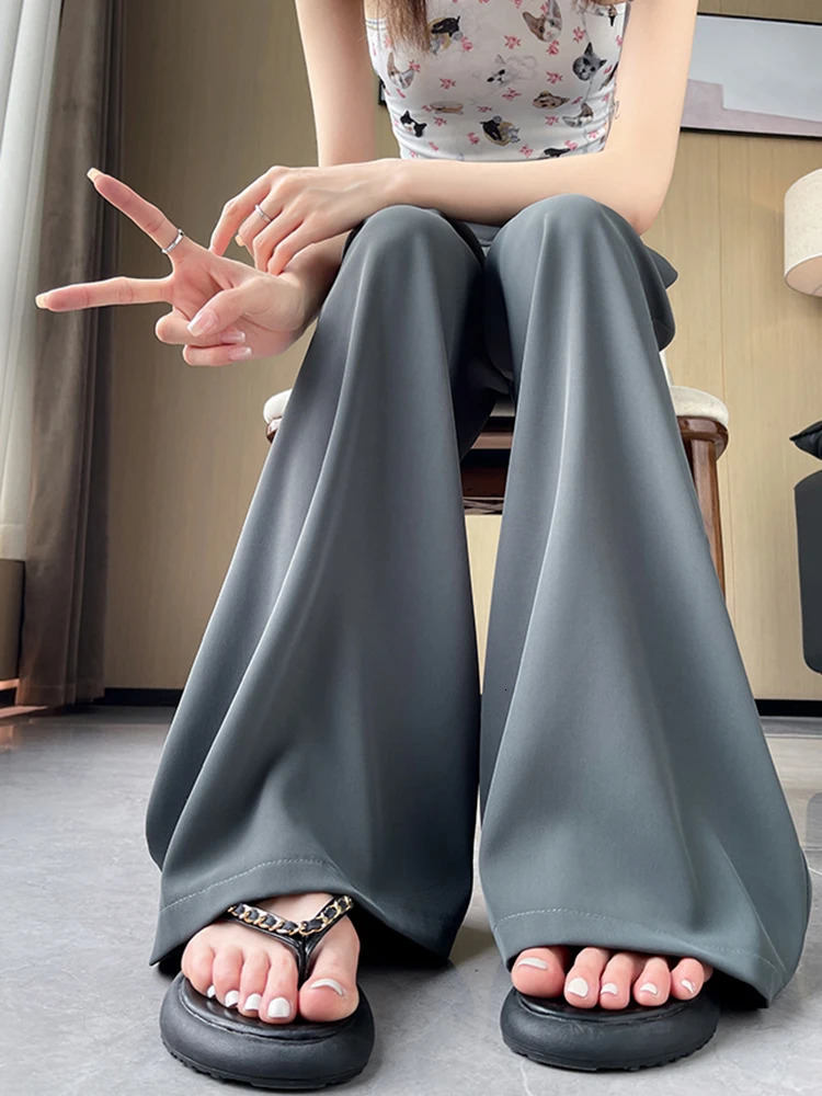 Summer High Waist Solid Color Loose Women Suit Pants Basic Full Length Straight Fashion Apricot Black Female Wide Leg 250808