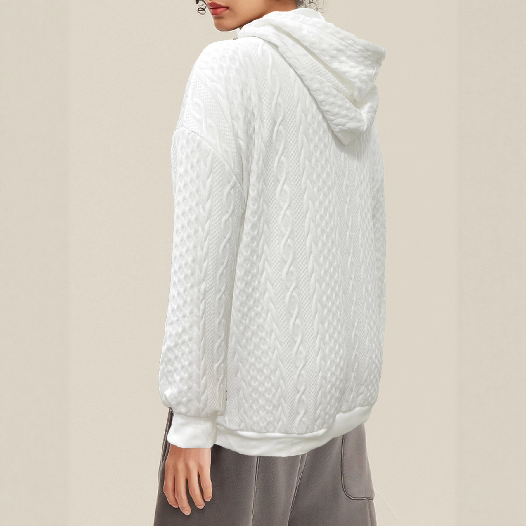 Autumn Winter Plus Size Solid Color Jacquard Pullover Sweatshirt Fashion Casual Long Sleeve Hooded Jacket Women's Clothing