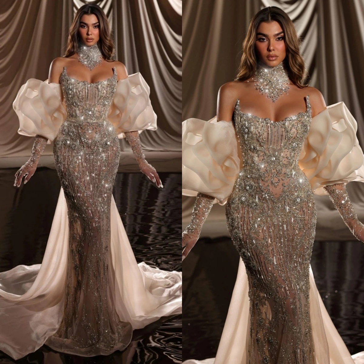 Sparkly Wedding Dresses Sequins Strapless Bridal Gowns Mermaid Beading Detachable Sleeves Illusion Customized Vestidos De Novia Plus Size