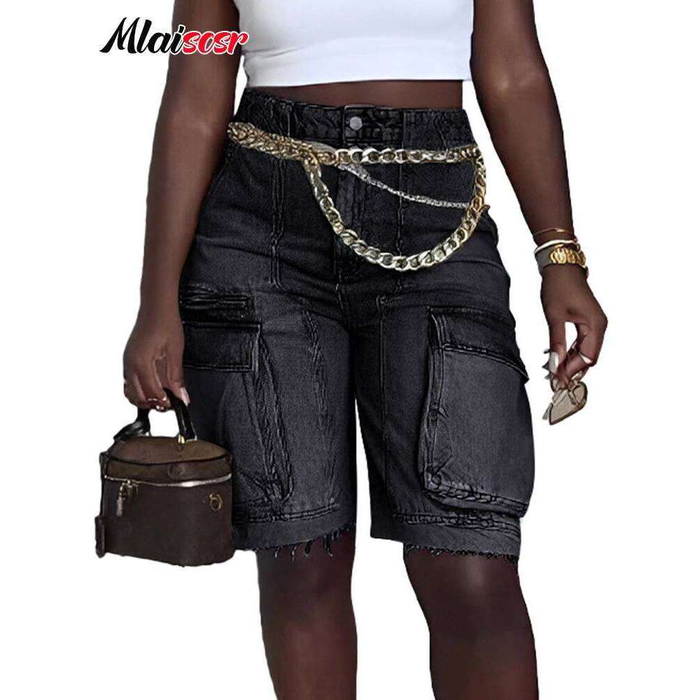 Mlaiscsr Summer Blue Denim Knee Length Shorts Women Pocket Side Straight Cargo Jeans Streetwear Bermuda Short Pants Dungarees