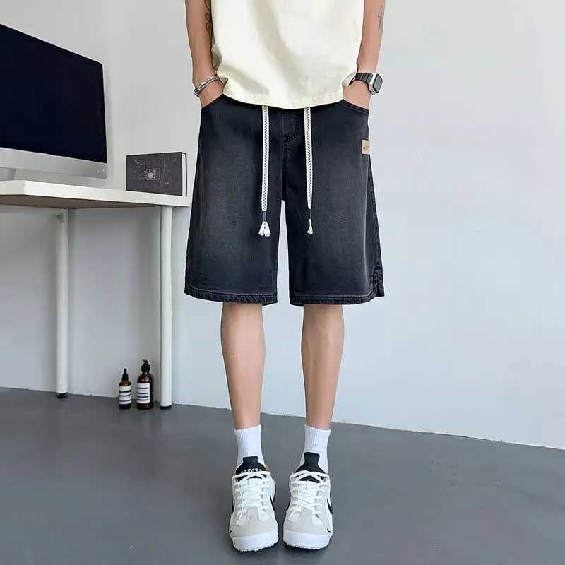 Summer New Casual Wide Denim Shorts Mens Baggy Fashion Elastic Waist Drawstring Straight Short Jeans StreetWear men clothing Y250814