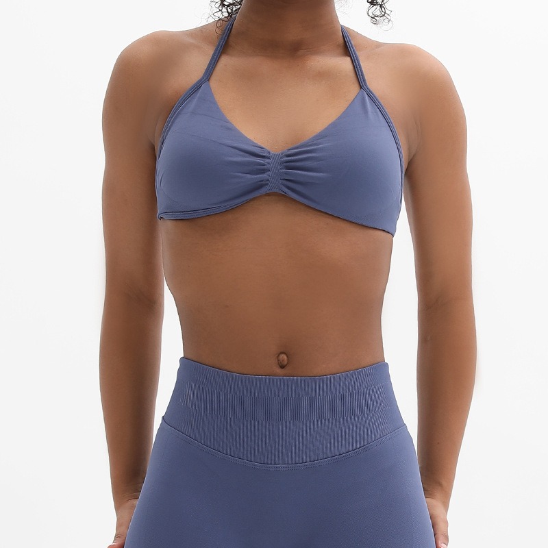 High Stretch Matte Nylon Yoga Halter Sports Bra Ruched Beautiful Back Workout Bra Women