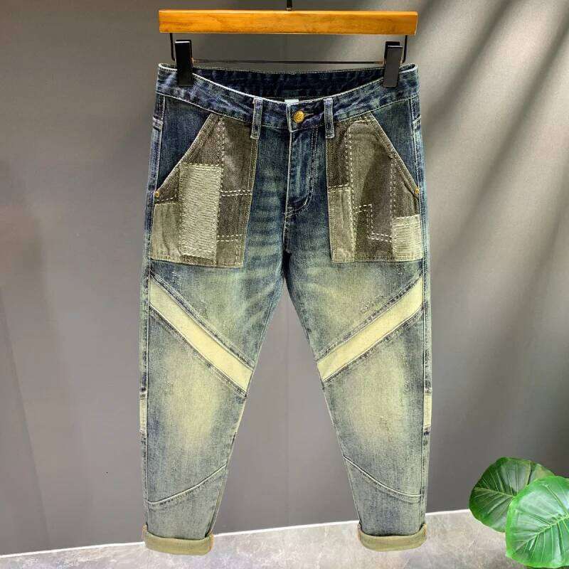 Spring and Autumn 2025 New Trendy Brand Splicing Patch Retro Jeans Men's Slim fit Small Feet Rascal Handsome Denim Pants