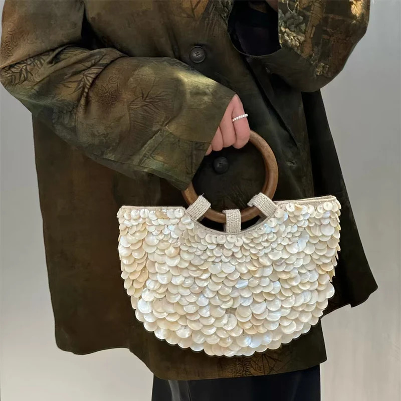 Handmade Shell Bag Unique Creative Summer Fairy Wood Handle Elegant Banquet Commuting Versatile Handbag 250809