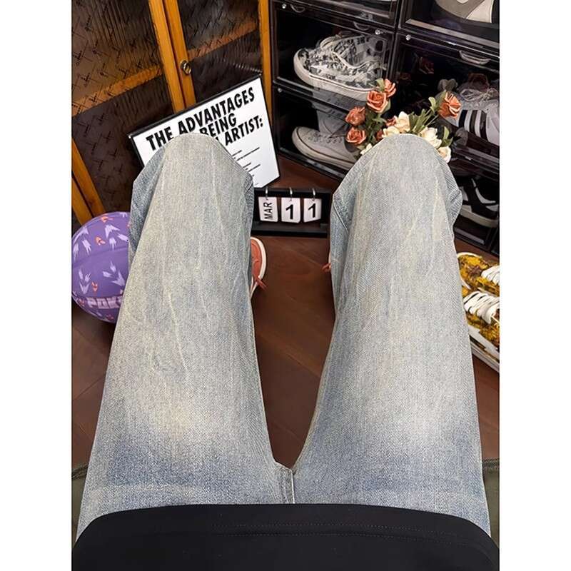 Washed Bamboo Pattern Jeans For Men Summer Flared Vibe American High Street Crotch Lift Straight Pants B5