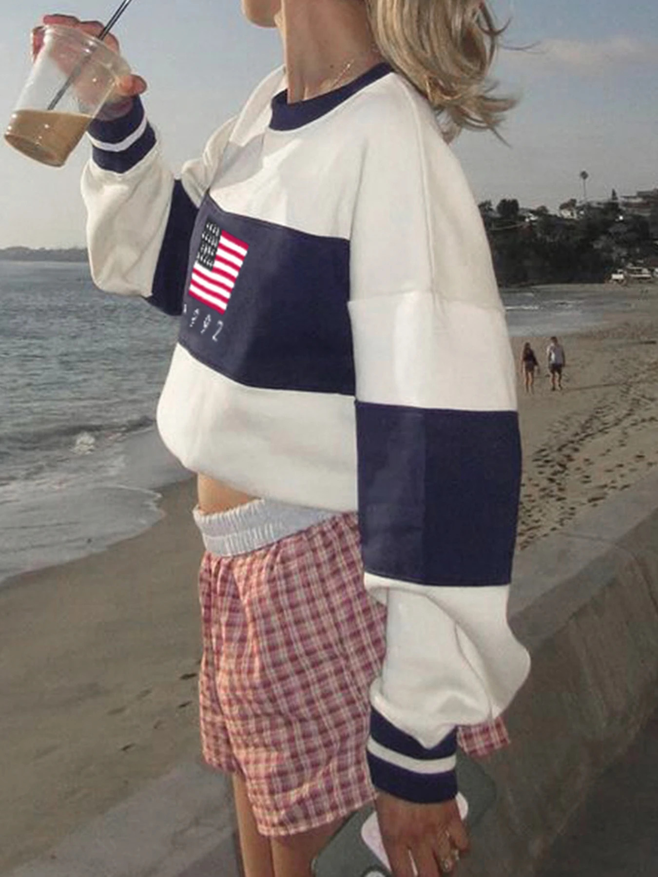 Rockmore Preppy Style American Flag Print Knitted Sweater Women Y2k Clothes Vintage Casual Streetwear Full Sleeve Oneck Pullover 250808