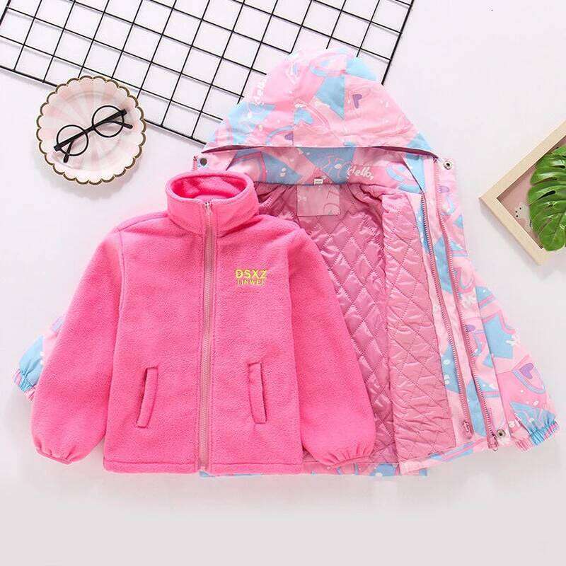Waterproof Hooded Coat Kids Cartoon Girls Lovely Warm Removable Fleece Lined Jacket Cotton Padded Cothes Children Outfit Xmp95