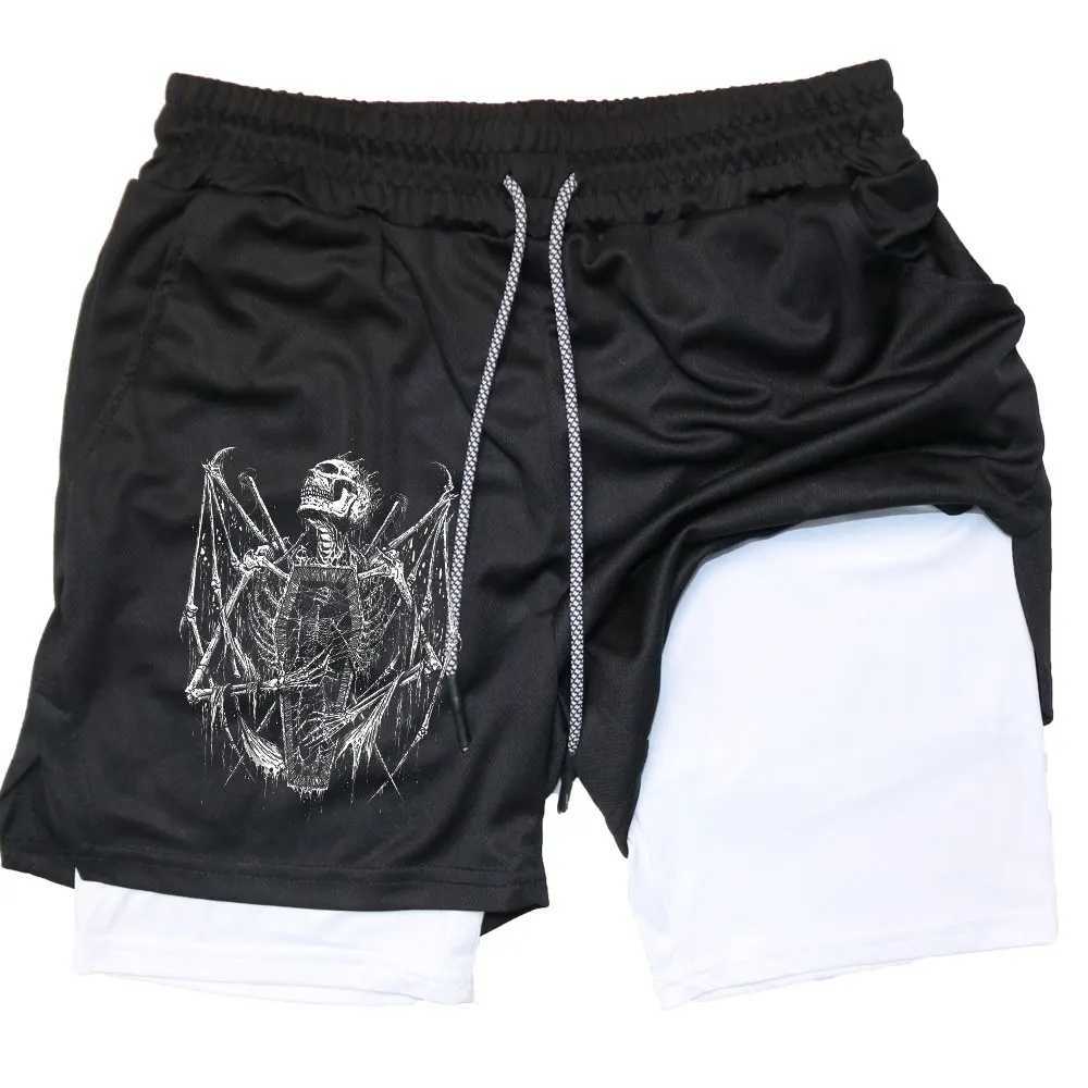 Y2K Performance Shorts Men Quick-drying Fitness Skull Print Double Layer Shorts Workout Training Running Bodybuilding Sportwear Y250814