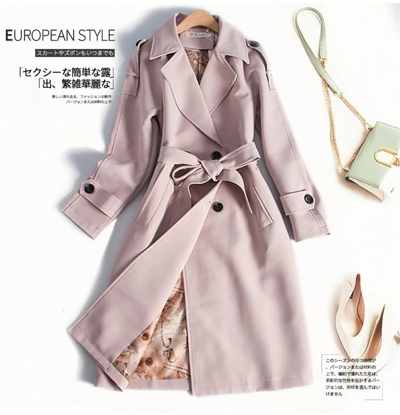 Trench Coat Womens Long Windbreaker Spring Autumn Doublebreasted Belt Outerwear White Pink Black Blue Camel Casual Overcoat 250805