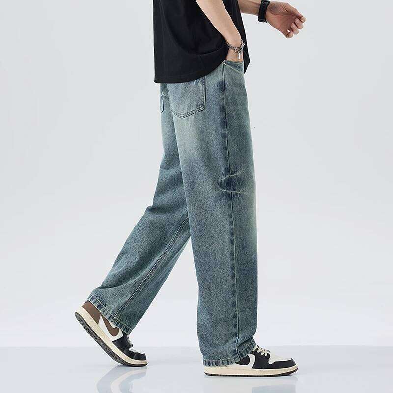 2025 summer new jeans men's loose straight tube soft pants fashionable retro solid color distressed comfortable denim pant