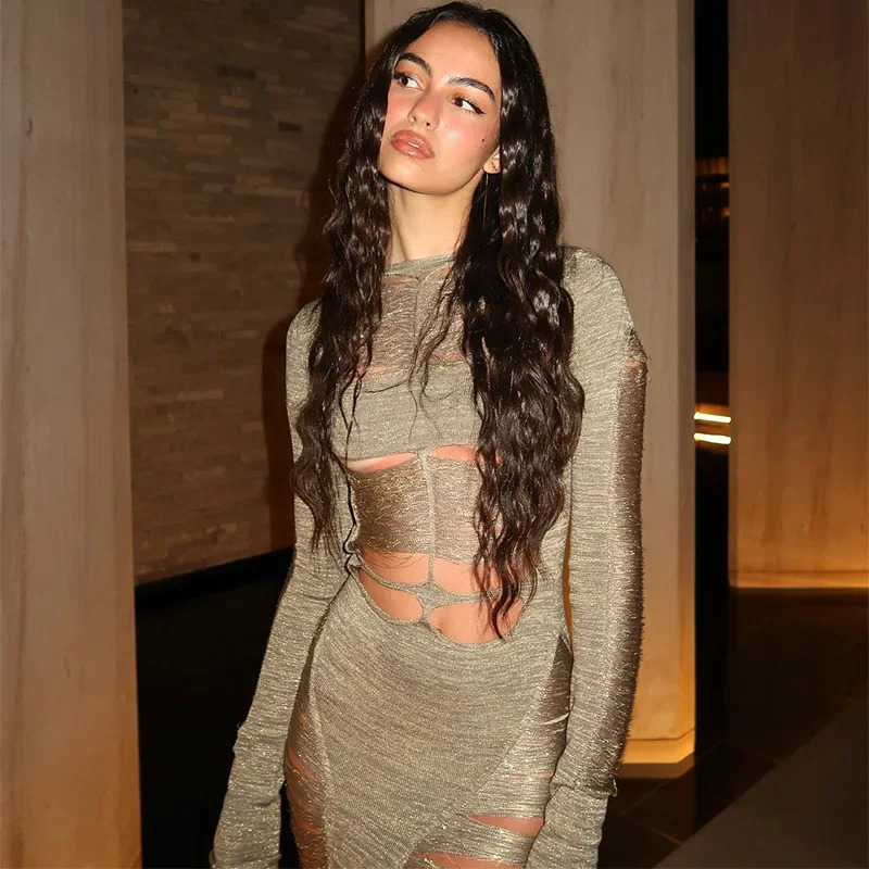 Sexy Hollow Out Evening Party Maxi Dress For Women Long Sleeve Backless Slimming High Waist Robe 2025 Summer Y2k 250808