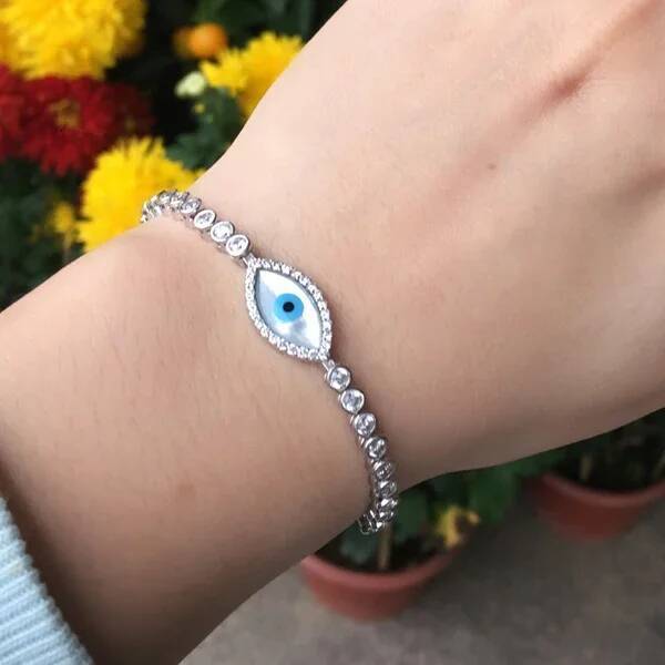 ZIRCONIA Pearl evil eye sier plated rose gold color fashion Bracelet for Women Gifts Adjustable bracelet