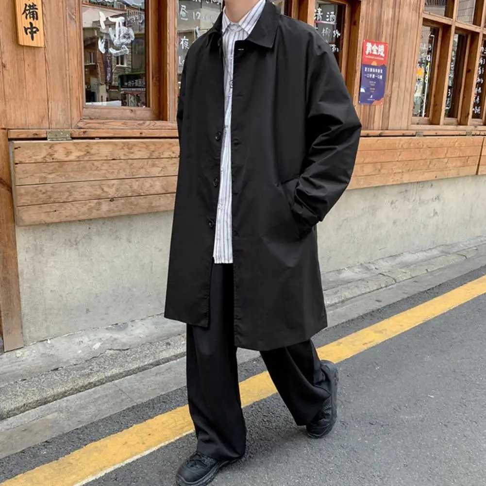 Versatile Men Outerwear Casual Mid-Length Outwear Stylish Mens Lapel Windbreaker Coat with Double Breasted Design Pockets W250815