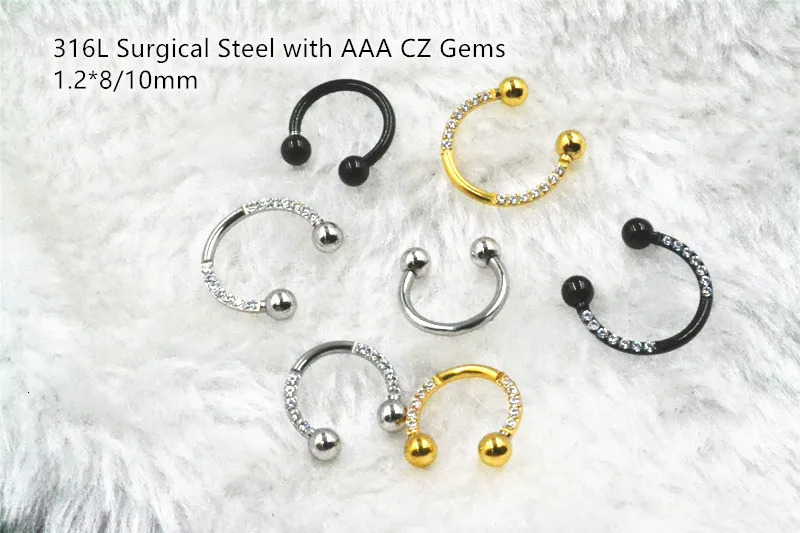 10pcs Body Jewelry Piercing - 316L StEEl CZ Horeshoes Nose Septum Ring Ear Helix Daith Cartilage Earring Ring 250807