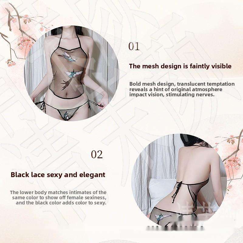 Halter Neck Mesh Lingerie Set Phoenix Embroidery Lace Up Detail See - Through Design Sexy Sleepwear for Women (Plus Size Available)