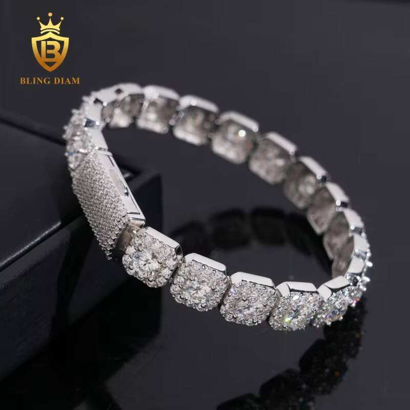 Hip Hop High Quality Fashion 10mm 925 Sterling Silver Moissanite Cluster Tennis Chain Cuban Bracelet