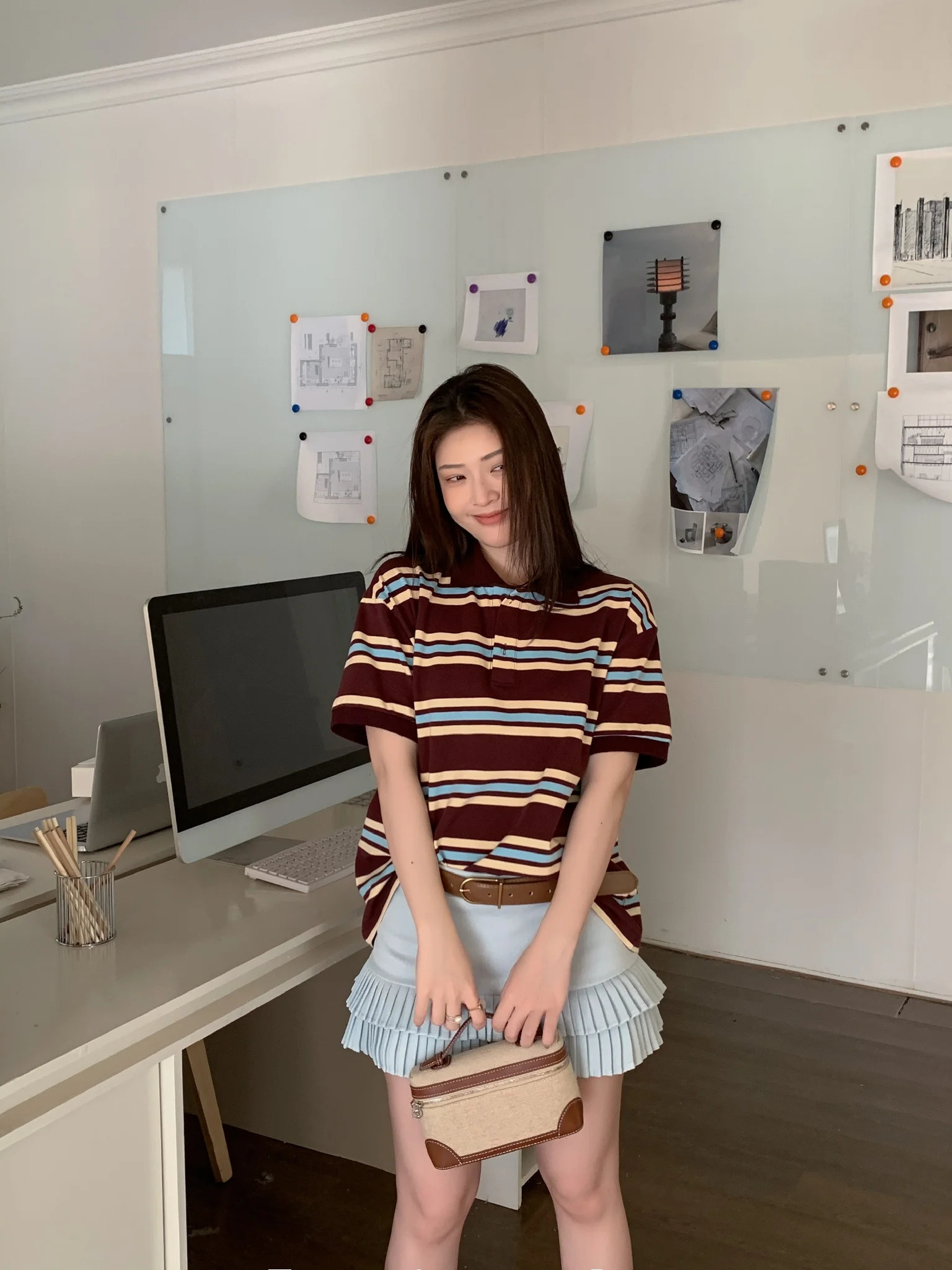 Summer Vintage Polo Shirts Woman Long Sleeve Crop Top Women Brown Stripe Streetwear Casual Tops Loose Mujeres 250814