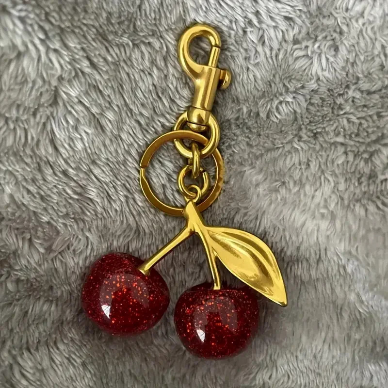 Golden Cherry Keychain Charm Shiny Resin Metal Bag Accessory Elegant Gift for Women Purse or Handbag Decoration 250804