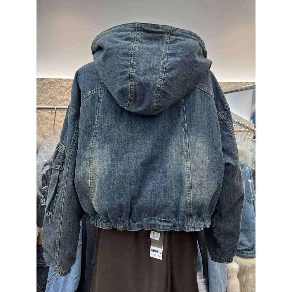 French Retro Hooded Double-Sided Denim Jacket For Women'S 2025 Autumn And Winter New Fashion Design Sense Short Top