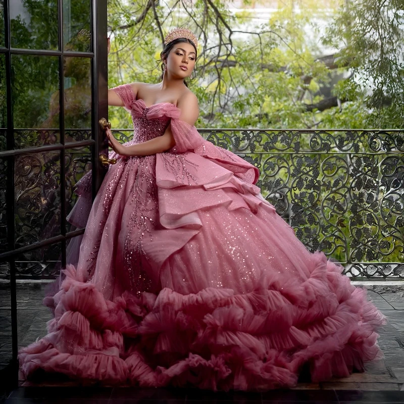 Pink Shiny Princess Sweet 16 Dress Quinceanera Dresses Beading Crystal Bow Tiered Tull Party Birthday Vestido De 15 Anos Ball Gowns