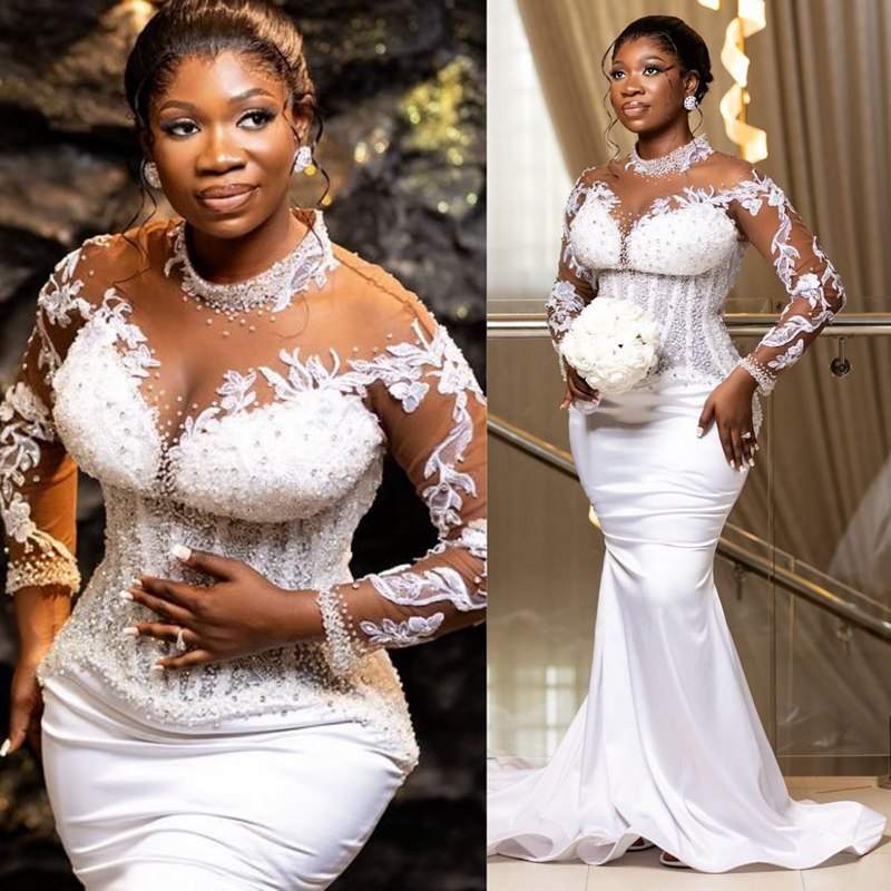 2025 Off White African Wedding Dress Bridal Gowns For Bride High Neck Long Sleeves Appliqued Lace Beaded Pearls Illusion Wedding Gowns For Black Women