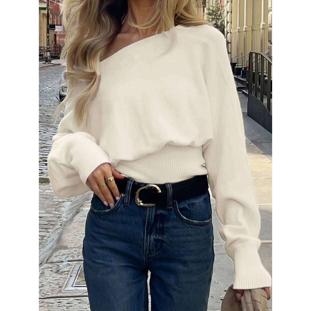 Solid Off-Shoulder Sweater Loose Slash Neck Long Sleeve Knitted Pullovers Women Autumn Winter Fashion Casual Lady